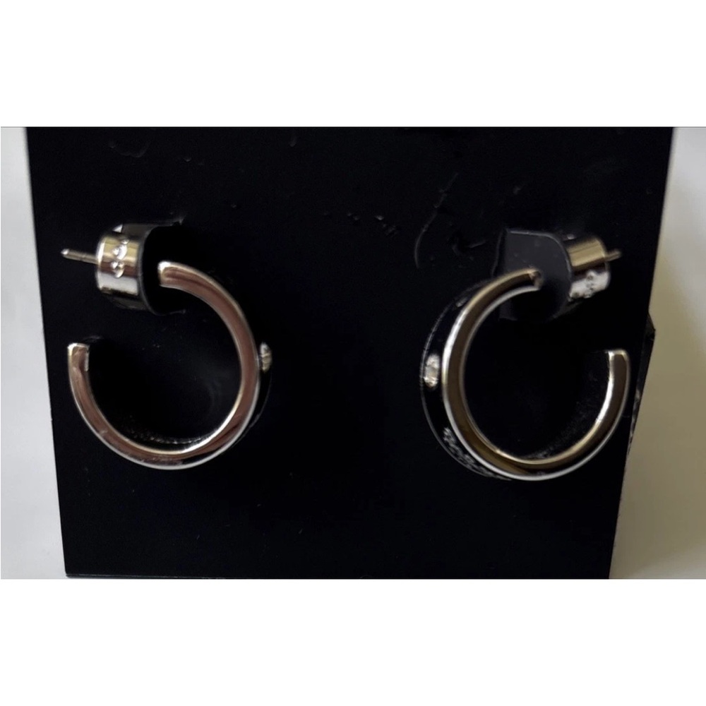 Coach Signature Horse & Carriage Enamel Huggie Earrings Silver Black New